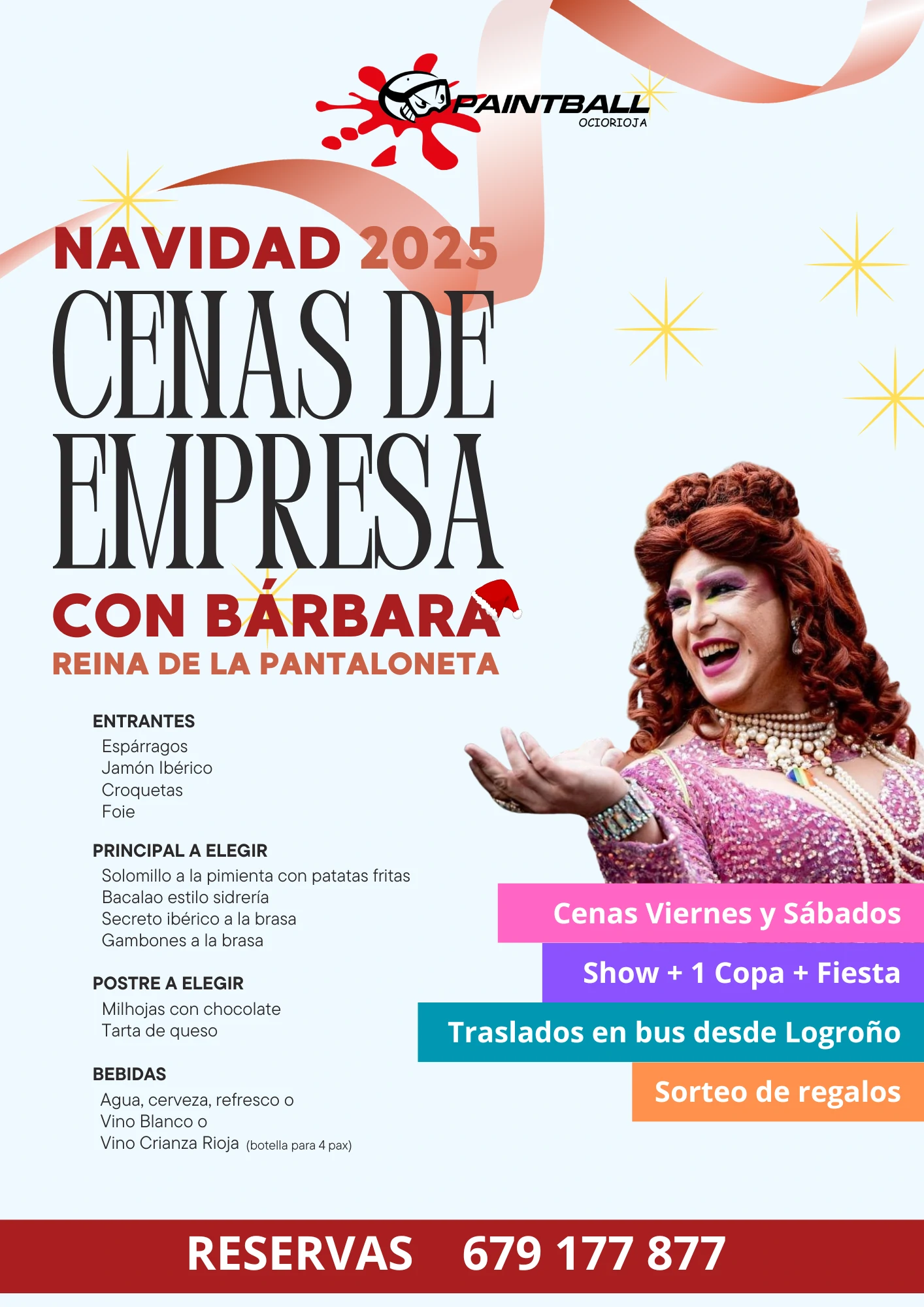 5 webp Cena de empresa en Logroño 2025 con espectáculo de Bárbara Reina de la Pantaloneta en Paintball OcioRioja. Menú navideño, show, fiesta y traslados desde Logroño.